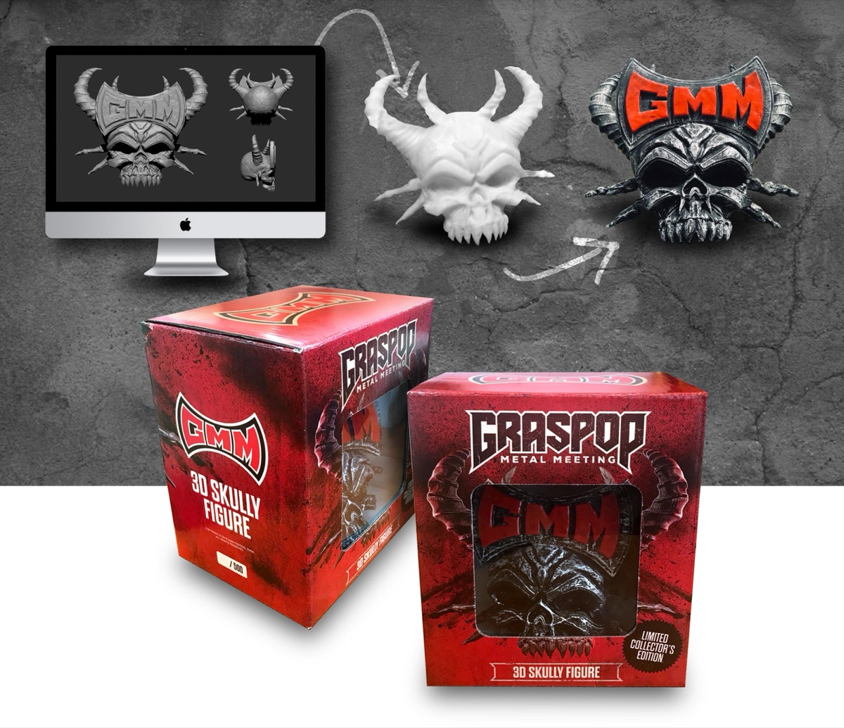 Van ontwerp tot verpakking: de 3D Skully-figurine voor Graspop Metal Meeting