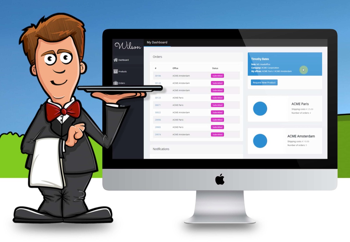 Illustratie van een butler naast een beeldscherm, het gezicht van onze eerste loyaltysoftware uit 2014