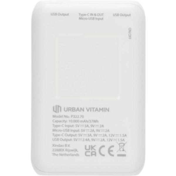 Urban Vitamin Alameda 10.000 mAh 18W PD powerbank — drukvlak artikel achterzijde