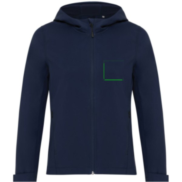 IQONIQ Makalu dames recycled polyester softshell jas — drukvlak borst linkerzijde