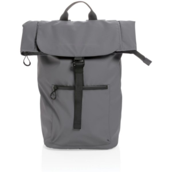 Impact AWARE™ RPET waterbestendige 15.6" laptoprugzak — drukvlak artikel voorzijde boven