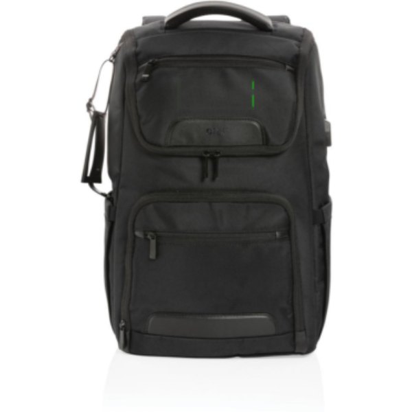 Swiss Peak AWARE™ RPET Voyager 15.6" laptop rugzak — drukvlak artikel voorzijde boven