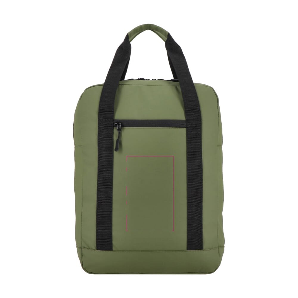PU gecoate 600D gerecycled PET rugzak 27.5 x 12 x 37.5 cm 12 L — drukvlak op vak voorzijde