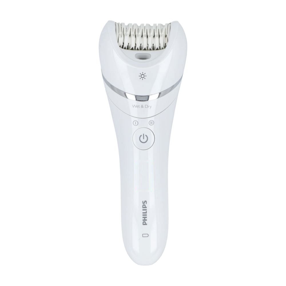BRE700|Philips epileerapparaat voor benen en lichaam, Wet & Dry — drukvlak onder de aan/uit-knop