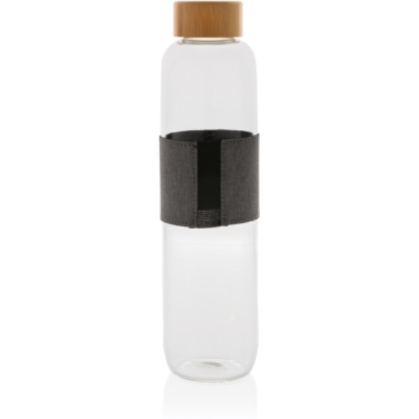 Impact borosilicaat glazen fles met bamboe deksel — drukvlak artikel achterzijde beneden