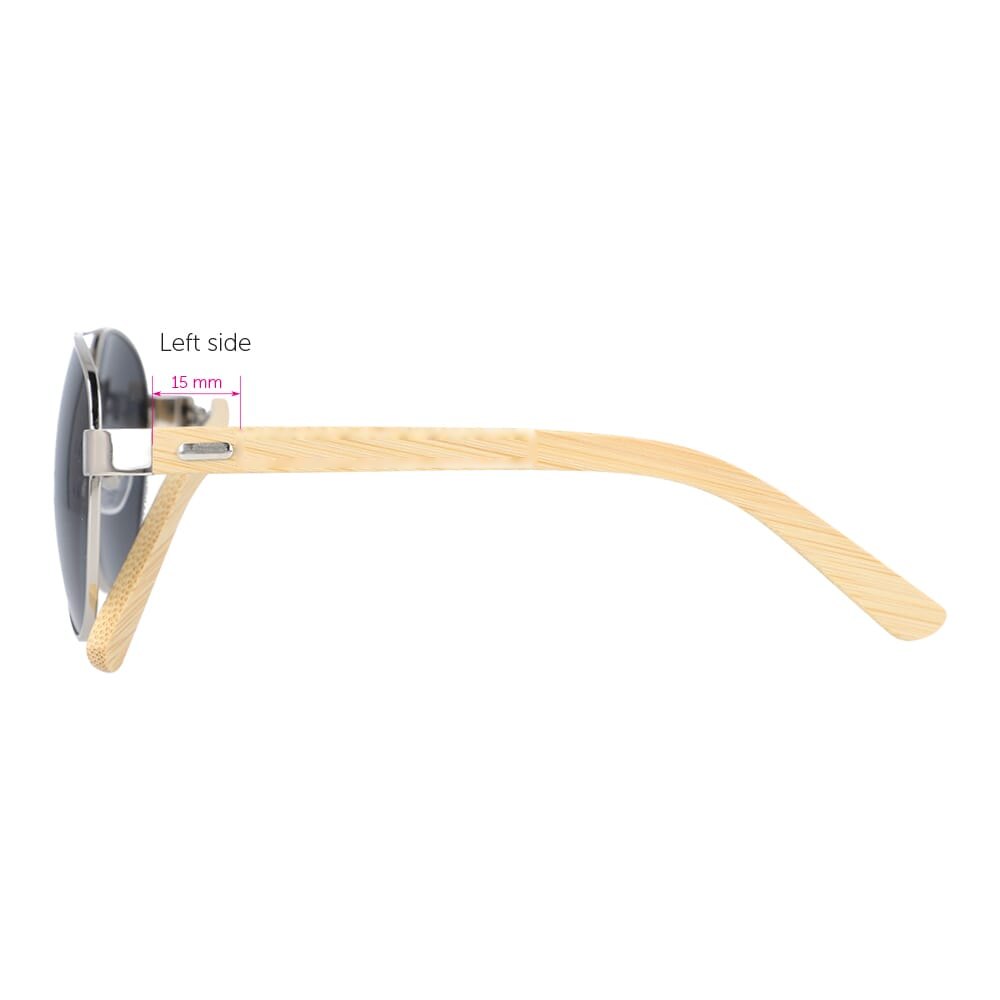 Aviator zonnebril met bamboe poten — drukvlak 1 cm vanaf scharnier links