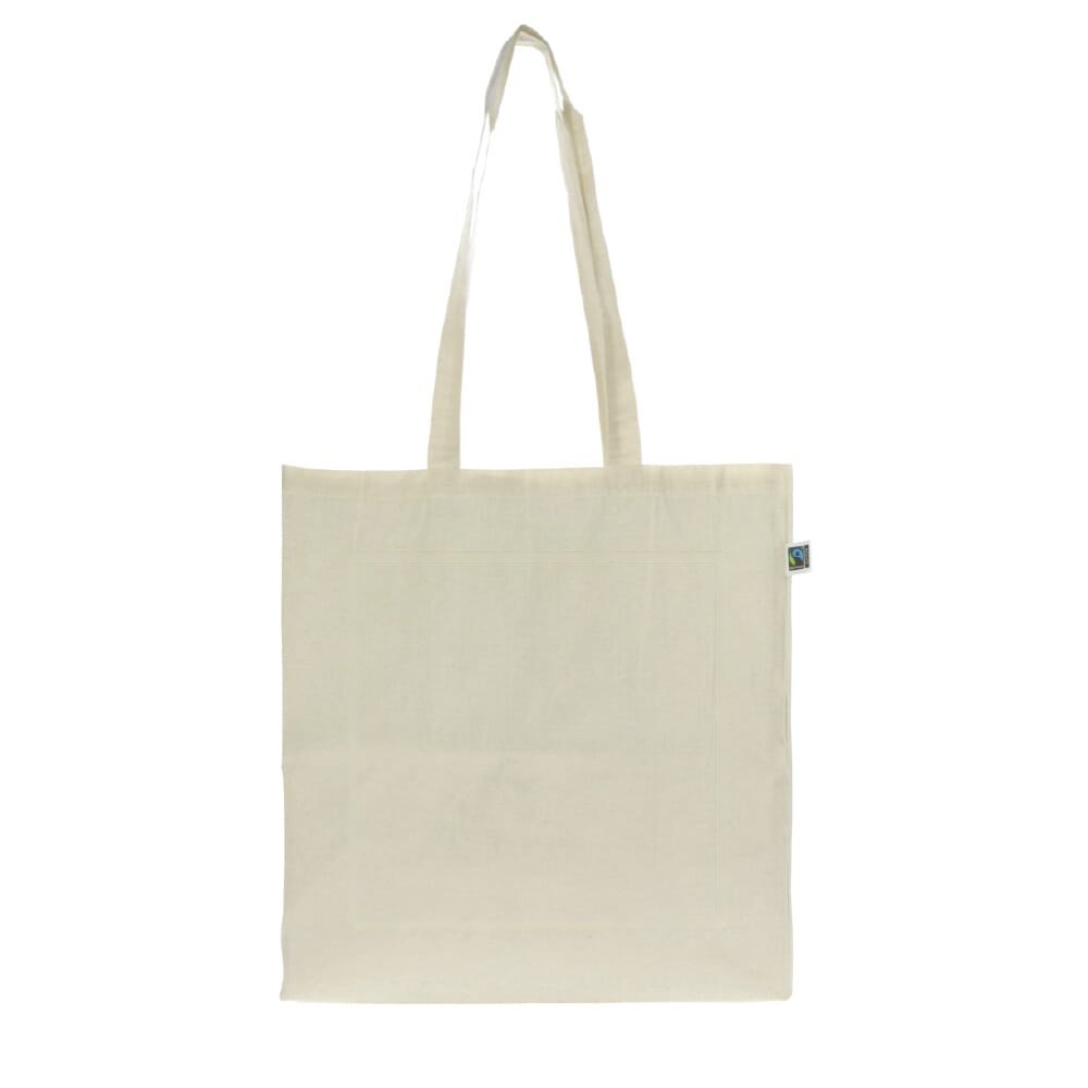 Fairtrade katoenen tas ecru lang 140g/m² 38x10x42cm — drukvlak midden achterzijde