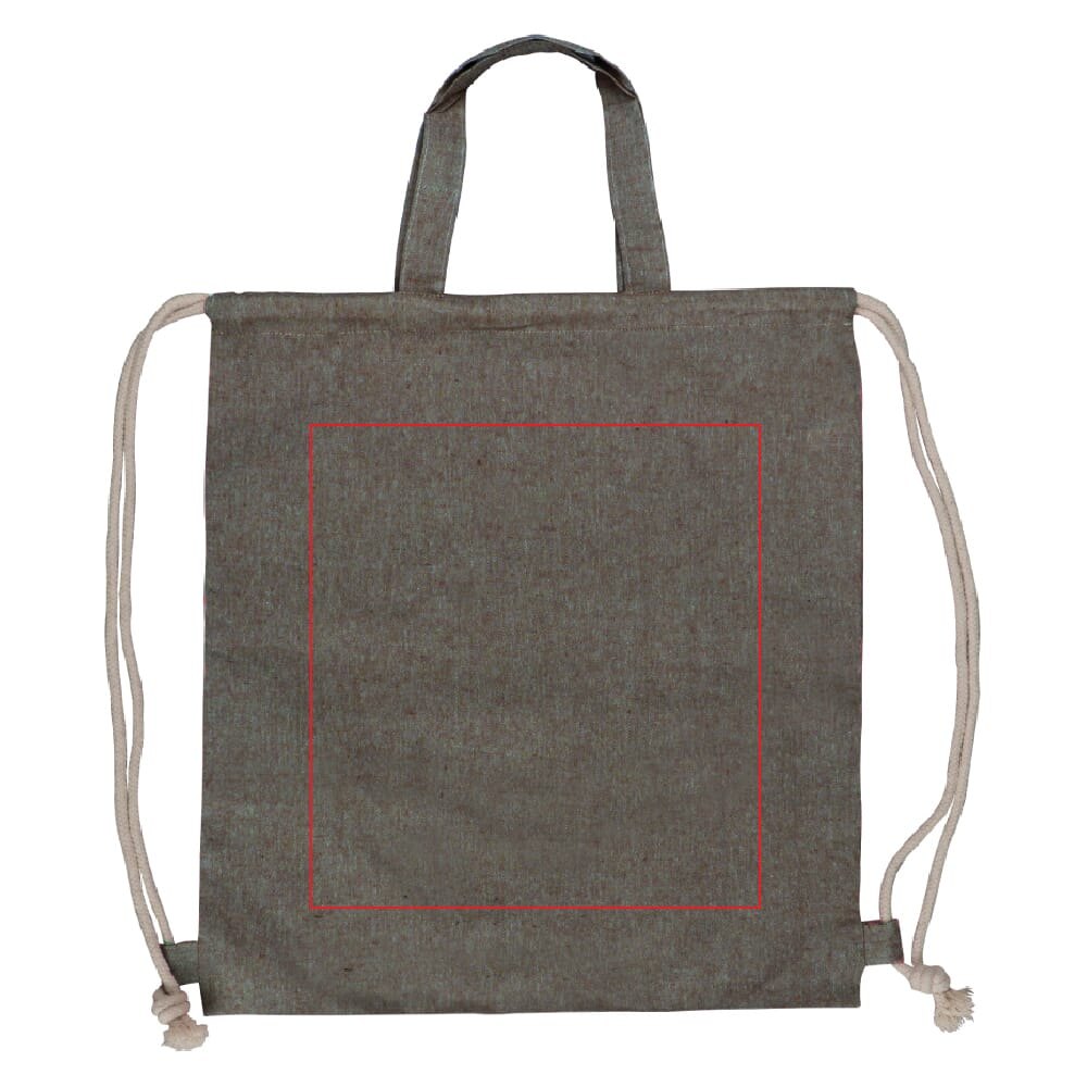 Drawstring rugzak gerecycled katoen 140g/m² 38x42cm — drukvlak midden op voorzijde