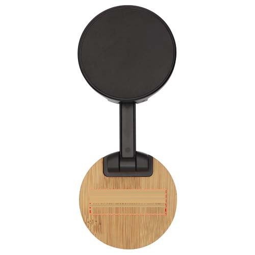 Alcor opvouwbare magnetische telefoonstandaard van gerecycled plastic met bamboedetails — drukvlak basis