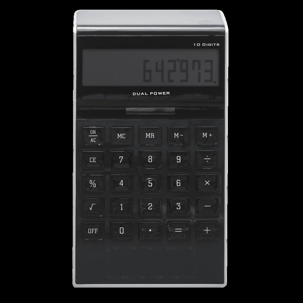 Dotty Matrix - Elegant vormgegeven dual-power calculator — drukvlak gecentreerd aan de onderkant voorkant