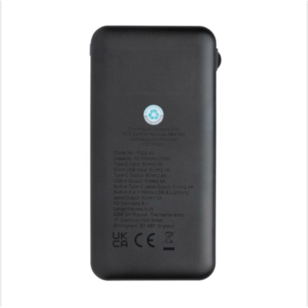 Lockhart RCS gerecycled plastic 10.000 powerbank — drukvlak artikel achterzijde