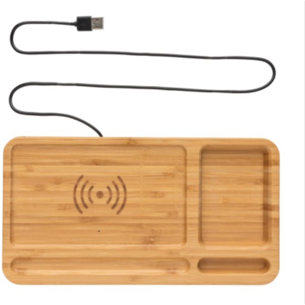 Bamboe desk organizer met 5W draadloze oplader — drukvlak artikel bovenzijde rechts