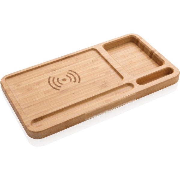 Bamboe desk organizer met 5W draadloze oplader — drukvlak artikel voorzijde