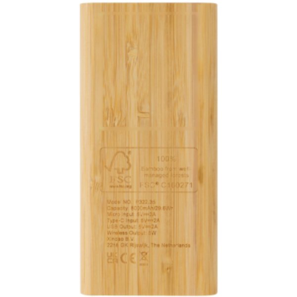 Bamboe 8.000 mAh 5W draadloze powerbank — drukvlak artikel achterzijde