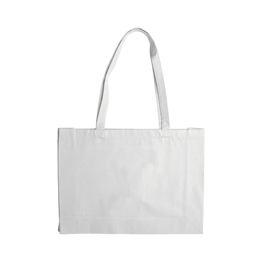 Draagtas gerecycled katoen met bodem 140g/m² 49x14x37cm — drukvlak midden voorzijde