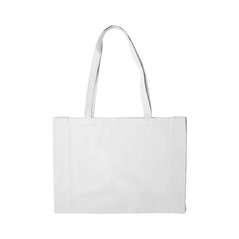 Draagtas gerecycled katoen met bodem 140g/m² 49x14x37cm — drukvlak midden achterzijde