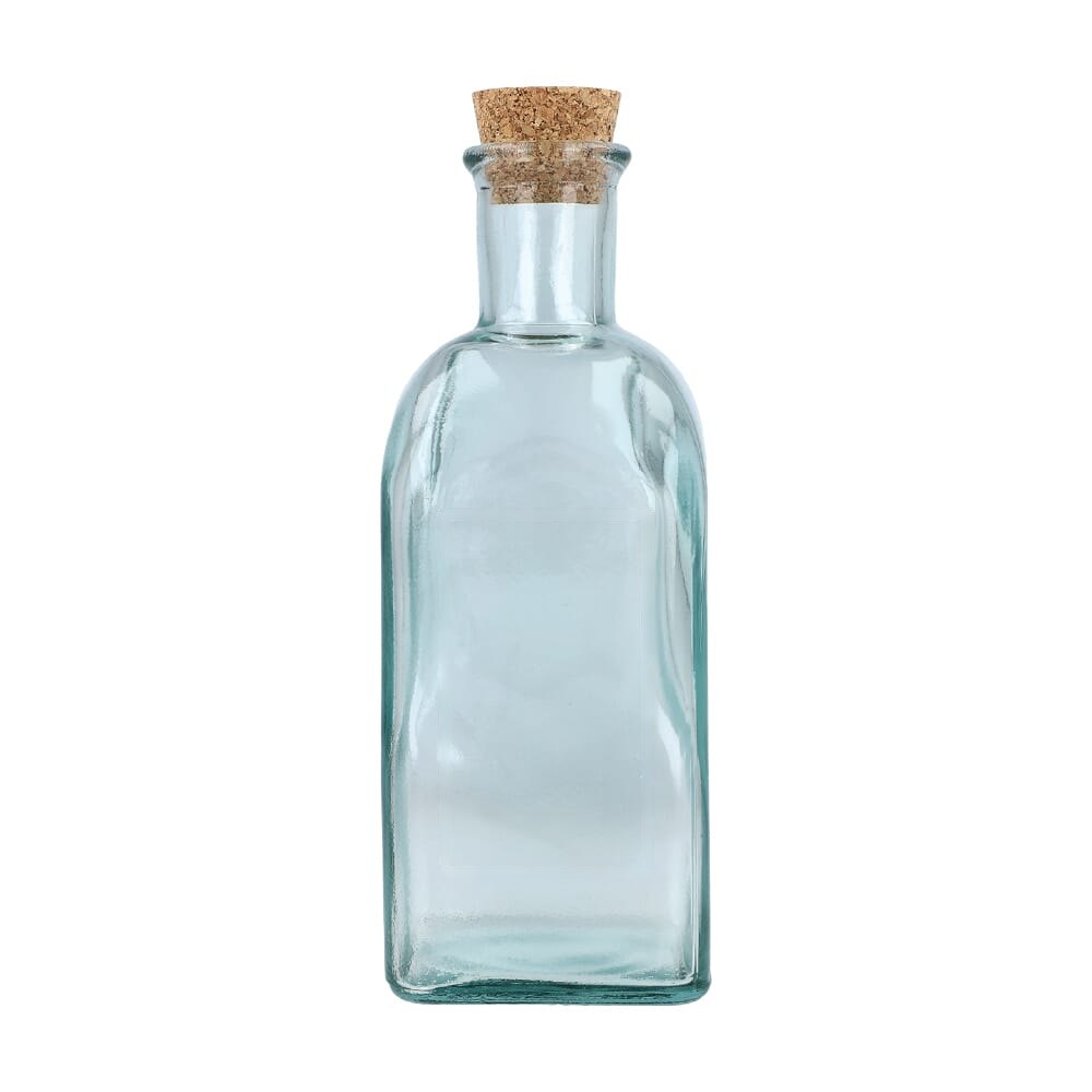InSideOut Vierkante Gerecycled glas Waterfles ReuuZ met kurkstop 500ml — drukvlak midden voorzijde