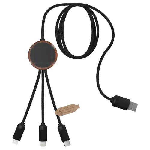 SCX.design C36 3-in-1 verlengde oplaadkabel met oplichtend logo van rPET met ronde bamboe behuizing — drukvlak voorzijde