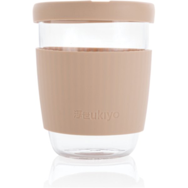 Ukiyo borosilicaat glas met siliconen deksel en sleeve — drukvlak artikel voorzijde boven