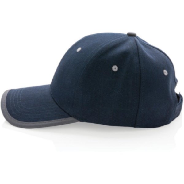 Impact AWARE™ 6 panel 280gr recycled katoen cap met bies — drukvlak artikel zijkant links