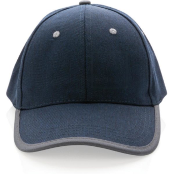 Impact AWARE™ 6 panel 280gr recycled katoen cap met bies — drukvlak artikel voorzijde rechts