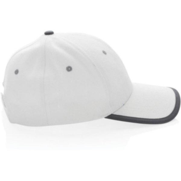 Impact AWARE™ 6 panel 280gr recycled katoen cap met bies — drukvlak artikel zijkant rechts