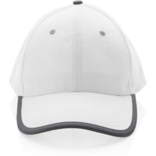 Impact AWARE™ 6 panel 280gr recycled katoen cap met bies — drukvlak artikel voorzijde