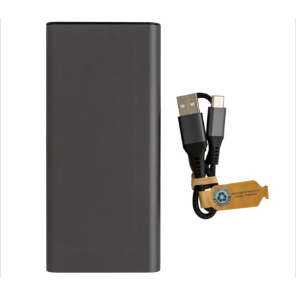Terra RCS gerecyclede 20W aluminium powerbank 20.000 mAh — drukvlak artikel voorzijde