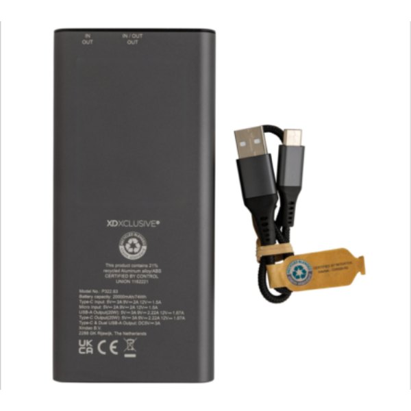 Terra RCS gerecyclede 20W aluminium powerbank 20.000 mAh — drukvlak artikel achterzijde