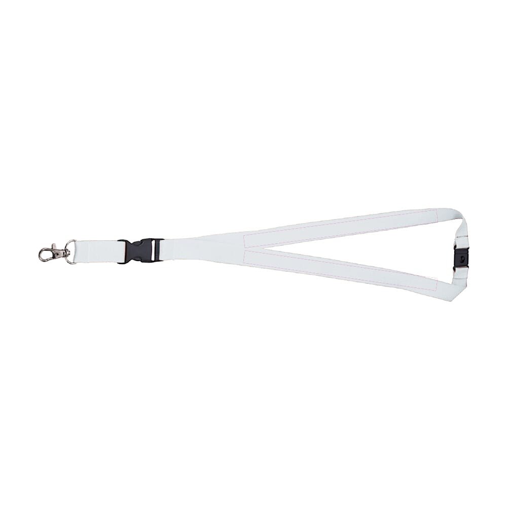 Polyester lanyard 20 mm met gesp en haak — drukvlak voorzijde (links en rechts)