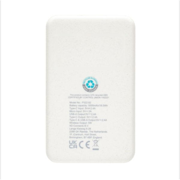 RCS gerecycled plastic 5.000 mAh 5W draadloze powerbank — drukvlak artikel achterzijde