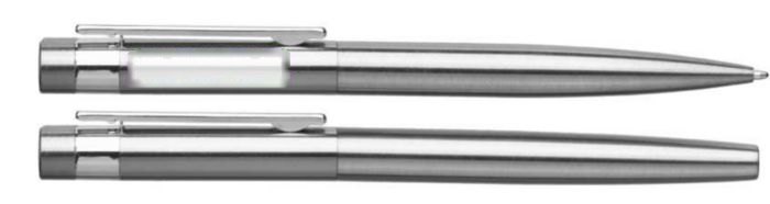 Schrijfset Fritz | Gerecycled rvs | Draaibalpen en rollerball — drukvlak naast de clip linkshandig