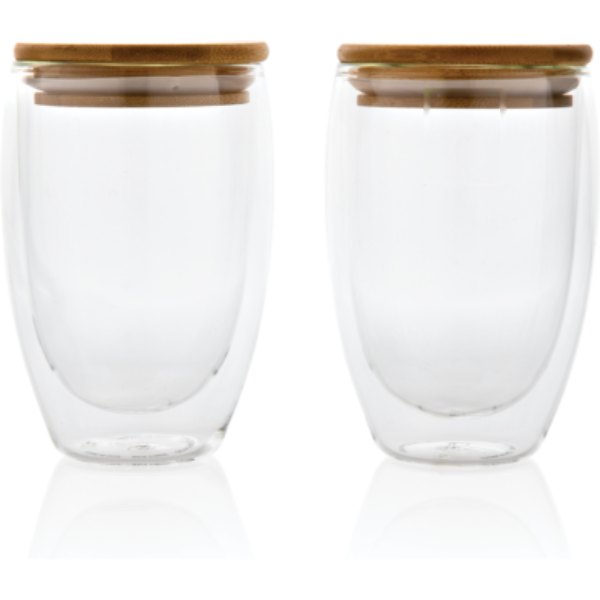 Dubbelwandig borosilicaatglas met bamboe deksel 350ml set — drukvlak artikel voorzijde boven