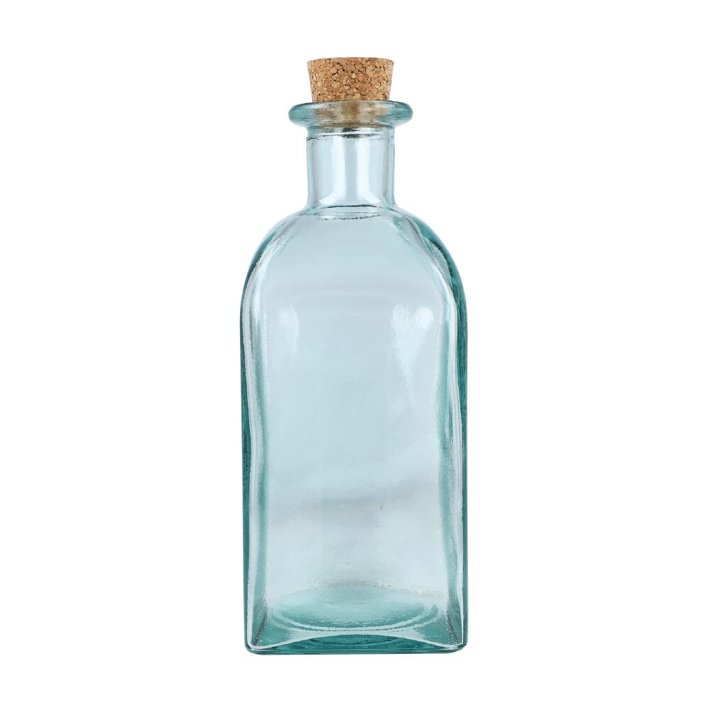InSideOut Vierkante Gerecycled glas Waterfles ReuuZ met kurkstop 1L — drukvlak smal op de voorzijde