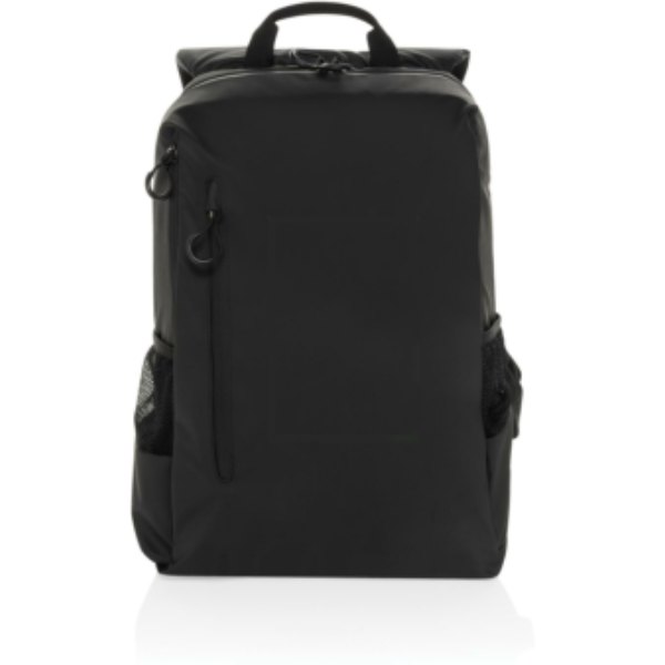 Lima Aware™ RPET waterbestendige 15,6 inch laptop rugzak — drukvlak artikel voorzijde