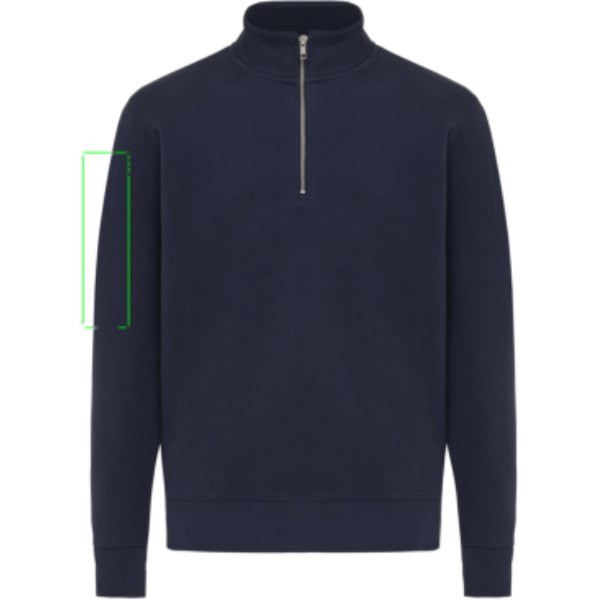 IQONIQ Elgon gerecycled katoen sweater met kwartritssluiting — drukvlak mouw rechts