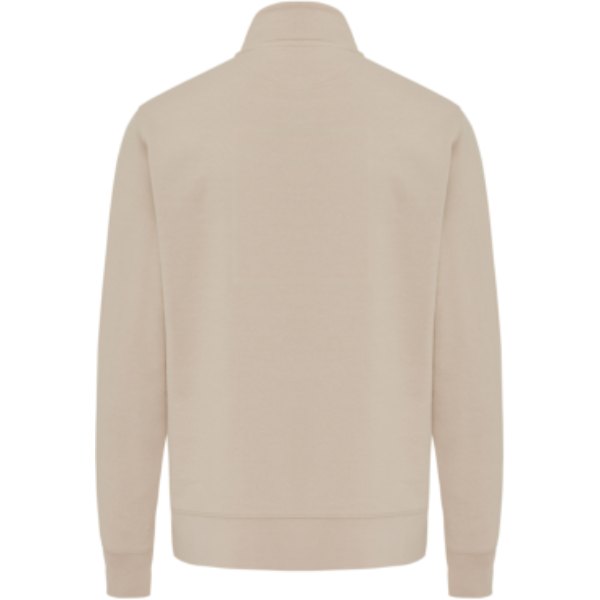 IQONIQ Elgon gerecycled katoen sweater met kwartritssluiting — drukvlak artikel achterzijde