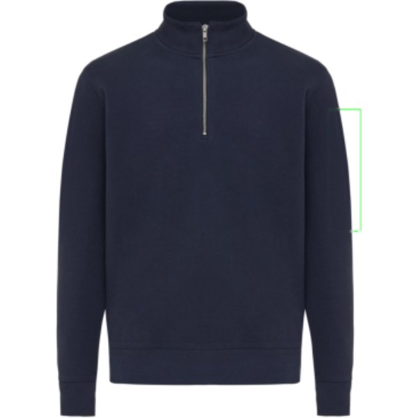 IQONIQ Elgon gerecycled katoen sweater met kwartritssluiting — drukvlak mouw links