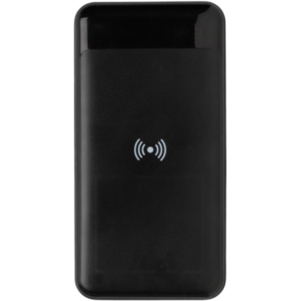 RCS standaard recycled plastic wireless powerbank — drukvlak artikel voorzijde onder