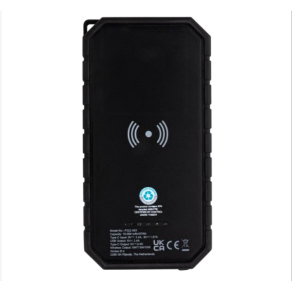 RCS recycled plastic solar powerbank 10W Wireless — drukvlak artikel achterzijde boven