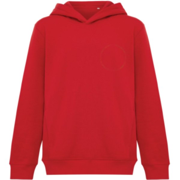 IQONIQ Yengo kids recycled katoen hoodie met steekzakken — drukvlak borst linkerzijde