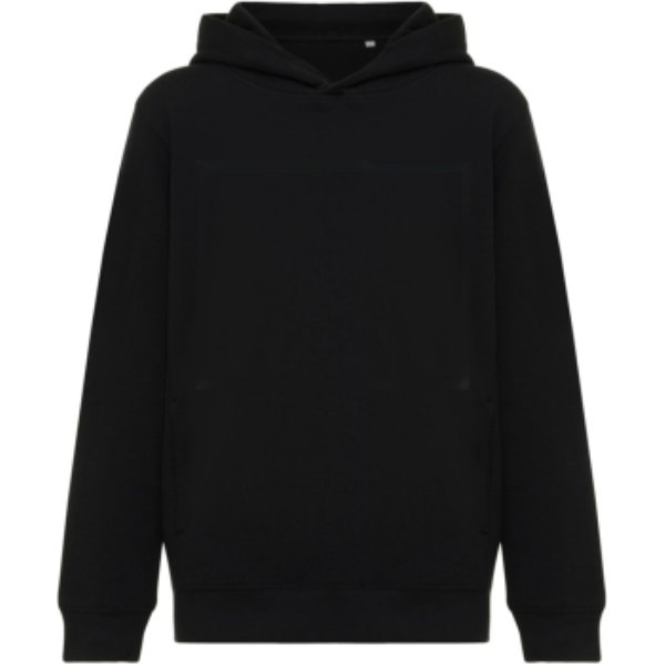 IQONIQ Yengo kids recycled katoen hoodie met steekzakken — drukvlak artikel voorzijde