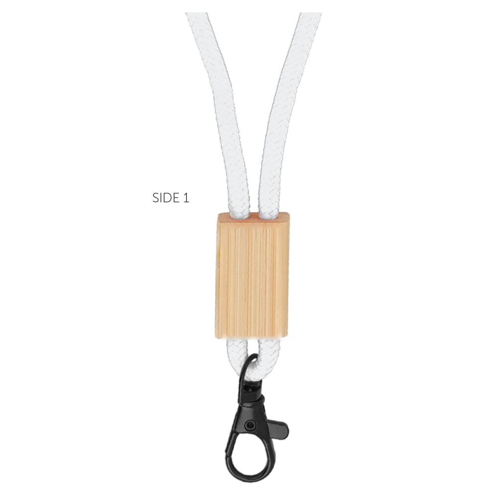 R-PET paracord lanyard — drukvlak voorkant houten blokje