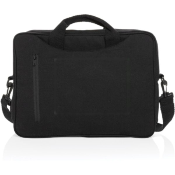 Laluka AWARE™ gerecyclede katoenen 15,4 inch laptoptas — drukvlak artikel voorzijde