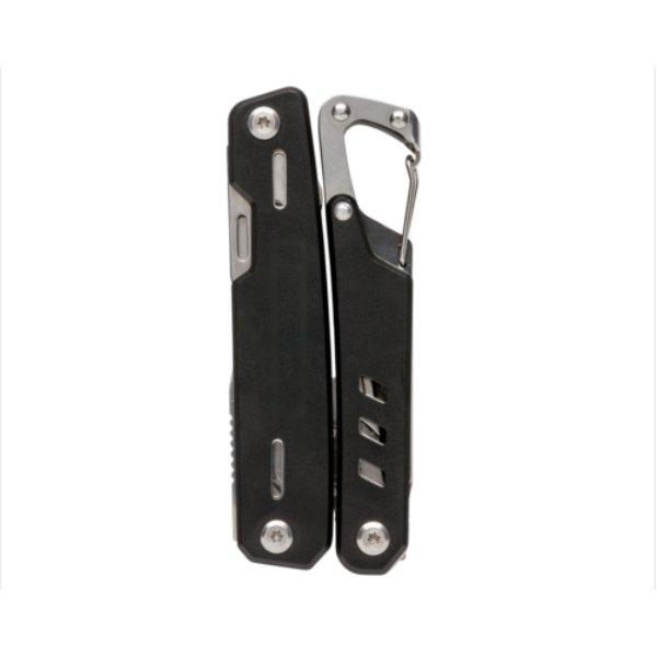 Solid multitool met karabijnhaak — drukvlak artikel achterzijde links