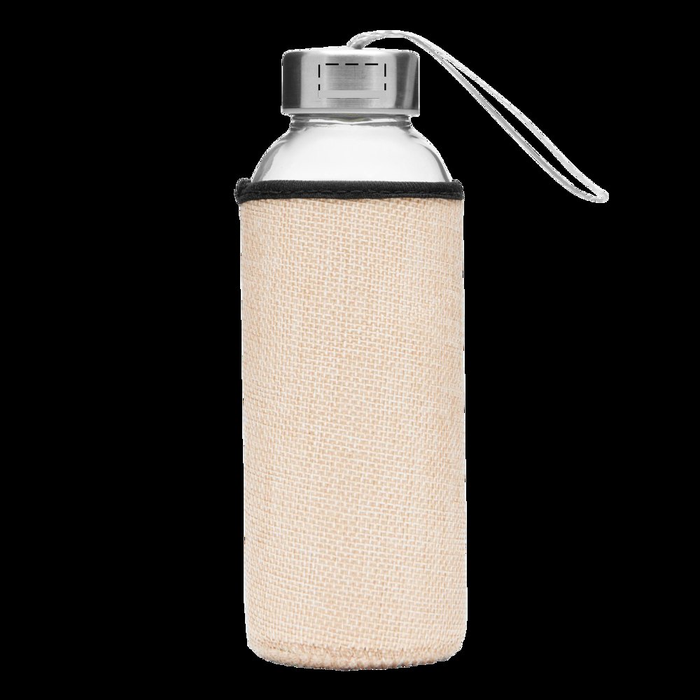 TAKE JUTY - Glazen drinkfles — drukvlak gecentreerd aan de zijkant van het deksel