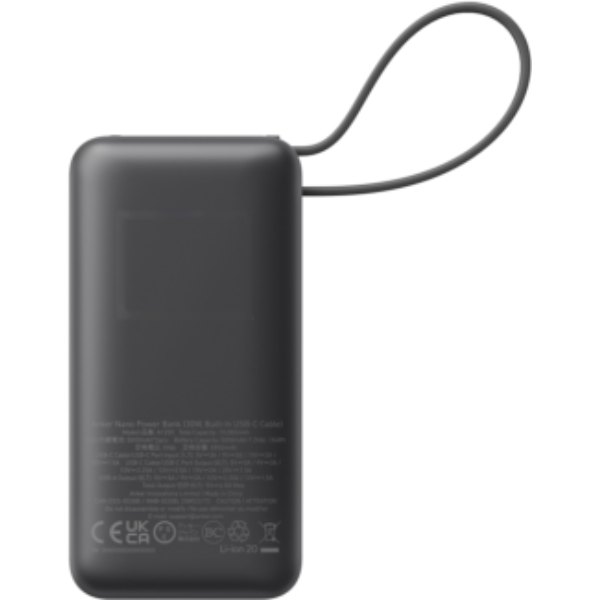 Anker Nano Powerbank 30 W, met ingebouwde USB-C-kabel — drukvlak artikel achterzijde boven