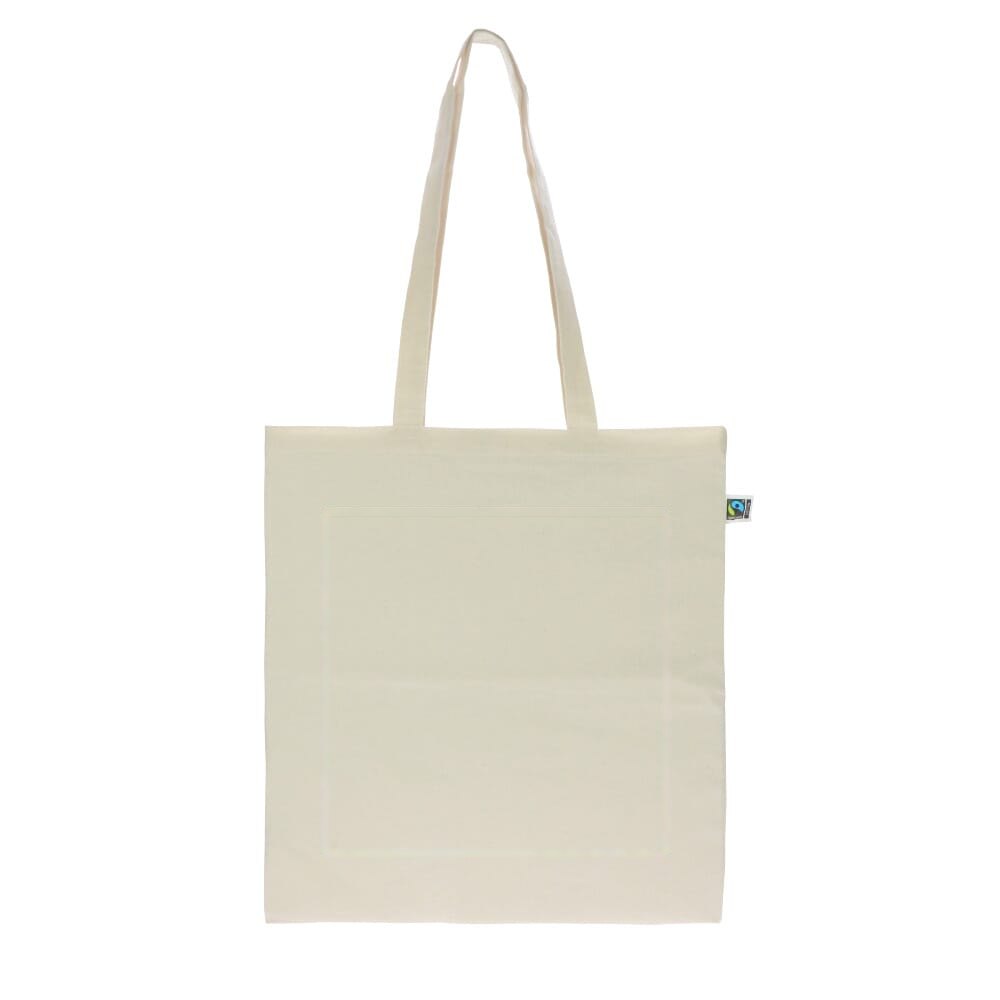 Fairtrade katoenen tas ecru lang 140g/m² 38x42cm — drukvlak achterkant gecentreerd