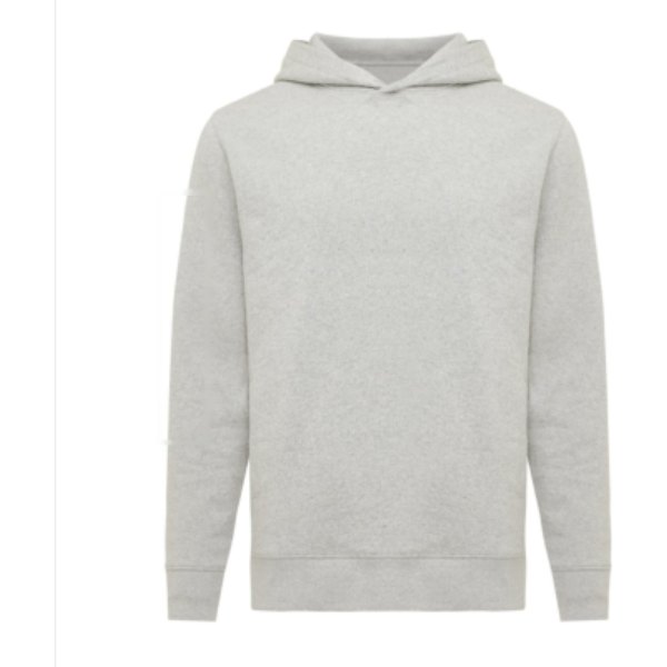 IQONIQ Yengo recycled katoen hoodie met steekzakken — drukvlak mouw rechts