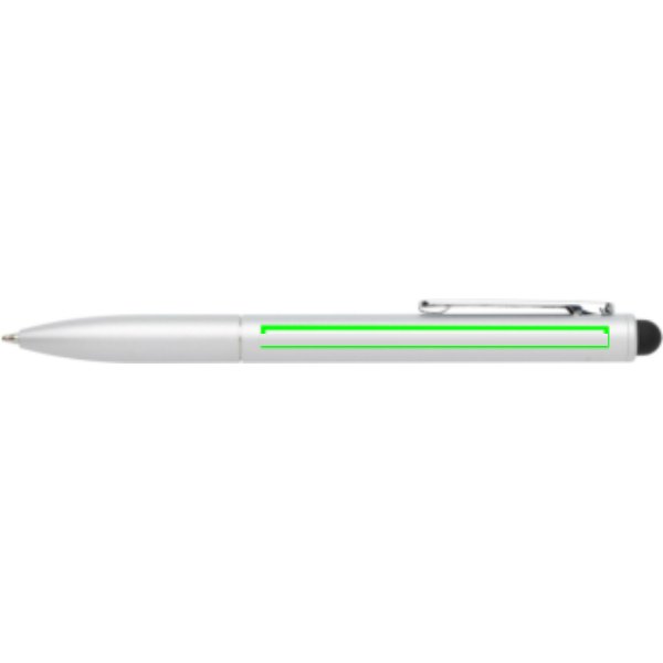 Kymi RCS-gecertificeerde gerecycled aluminium pen met stylus — drukvlak naast clip